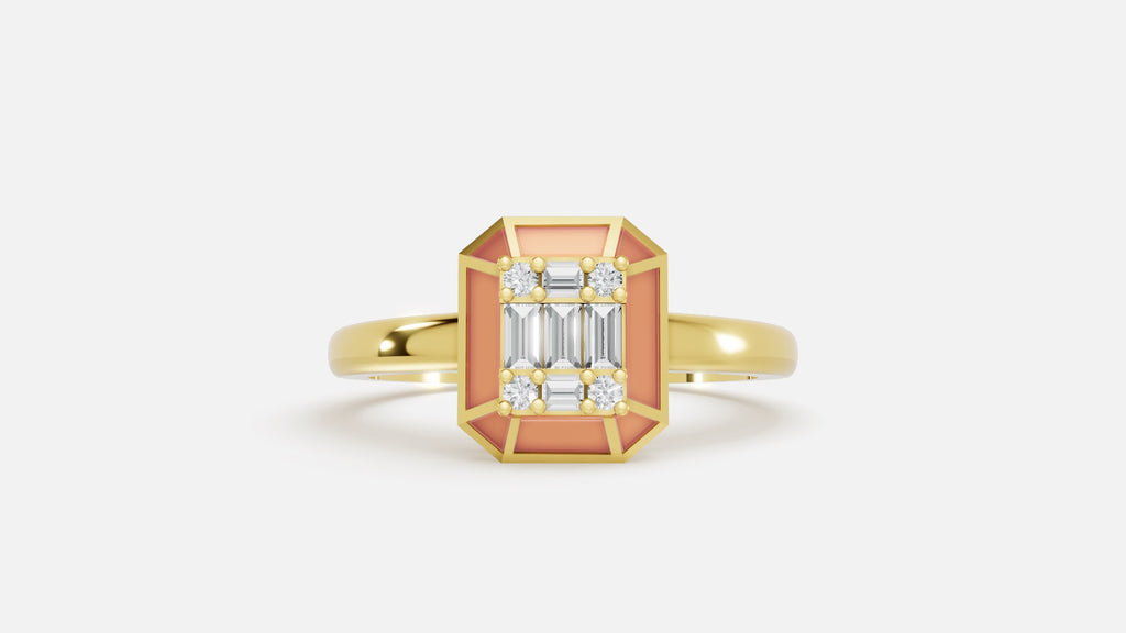 18k Gold Hexaon Enamel Baguette Lab Grown Diamond Ring Front View