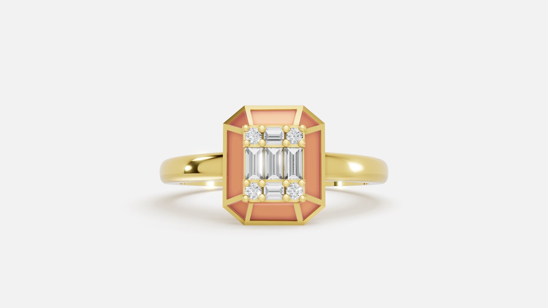 18k Gold Hexaon Enamel Baguette Lab Grown Diamond Ring Front View