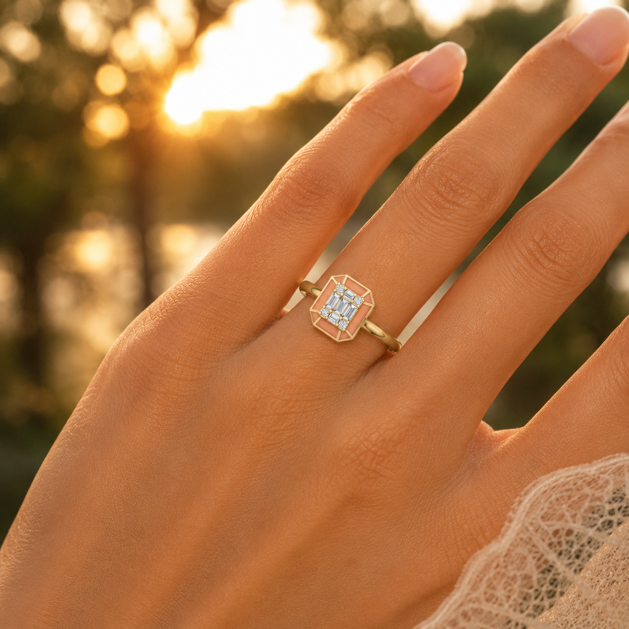 18k Gold Hexaon Enamel Baguette Lab Grown Diamond Ring Lifestyle view