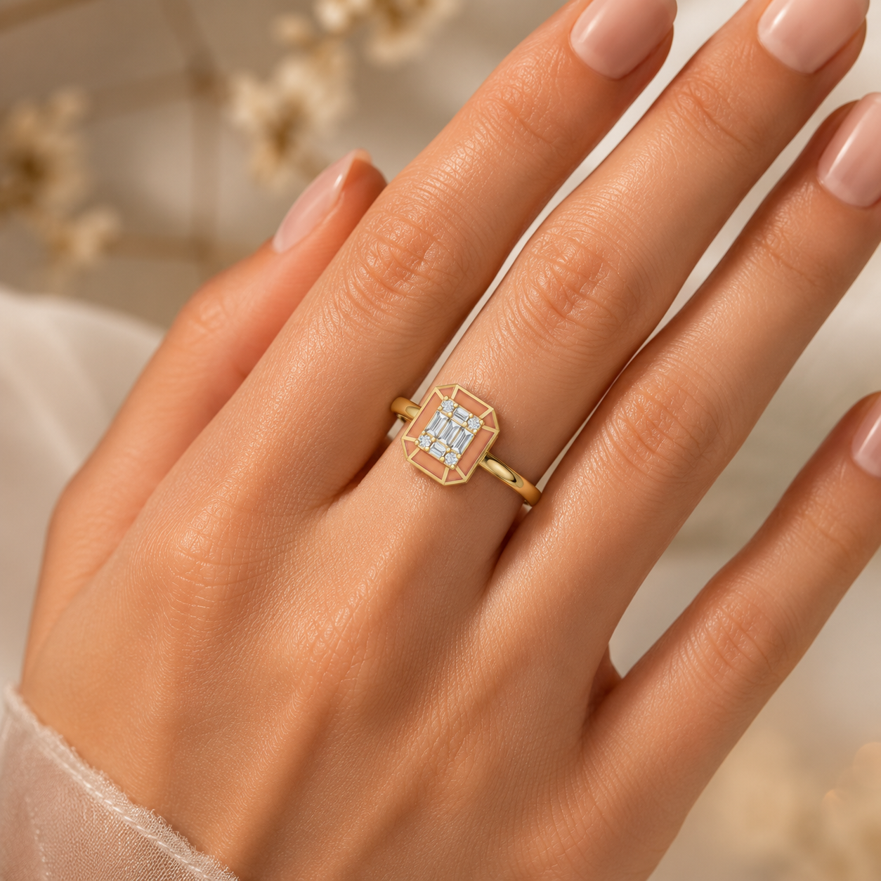 18k Gold Hexaon Enamel Baguette Lab Grown Diamond Ring on Hand View