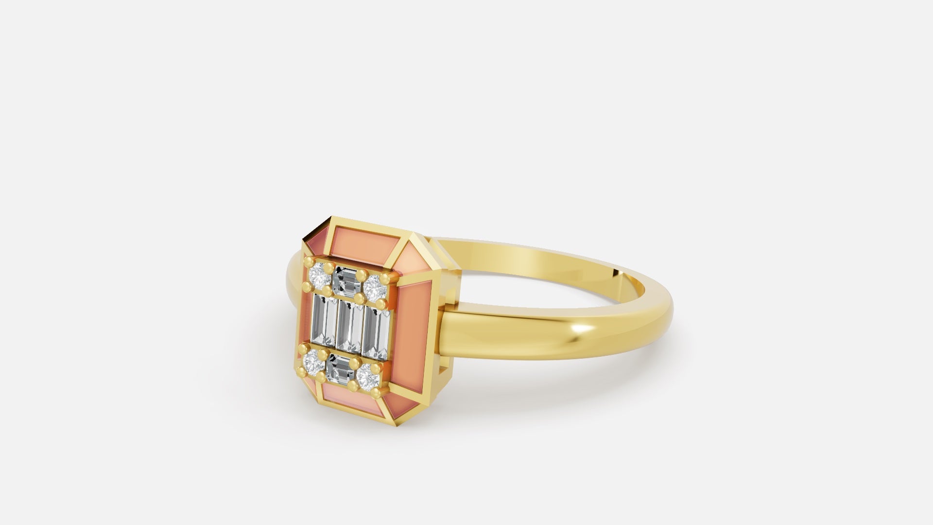 18k Gold Hexaon Enamel Baguette Lab Grown Diamond Ring Side View