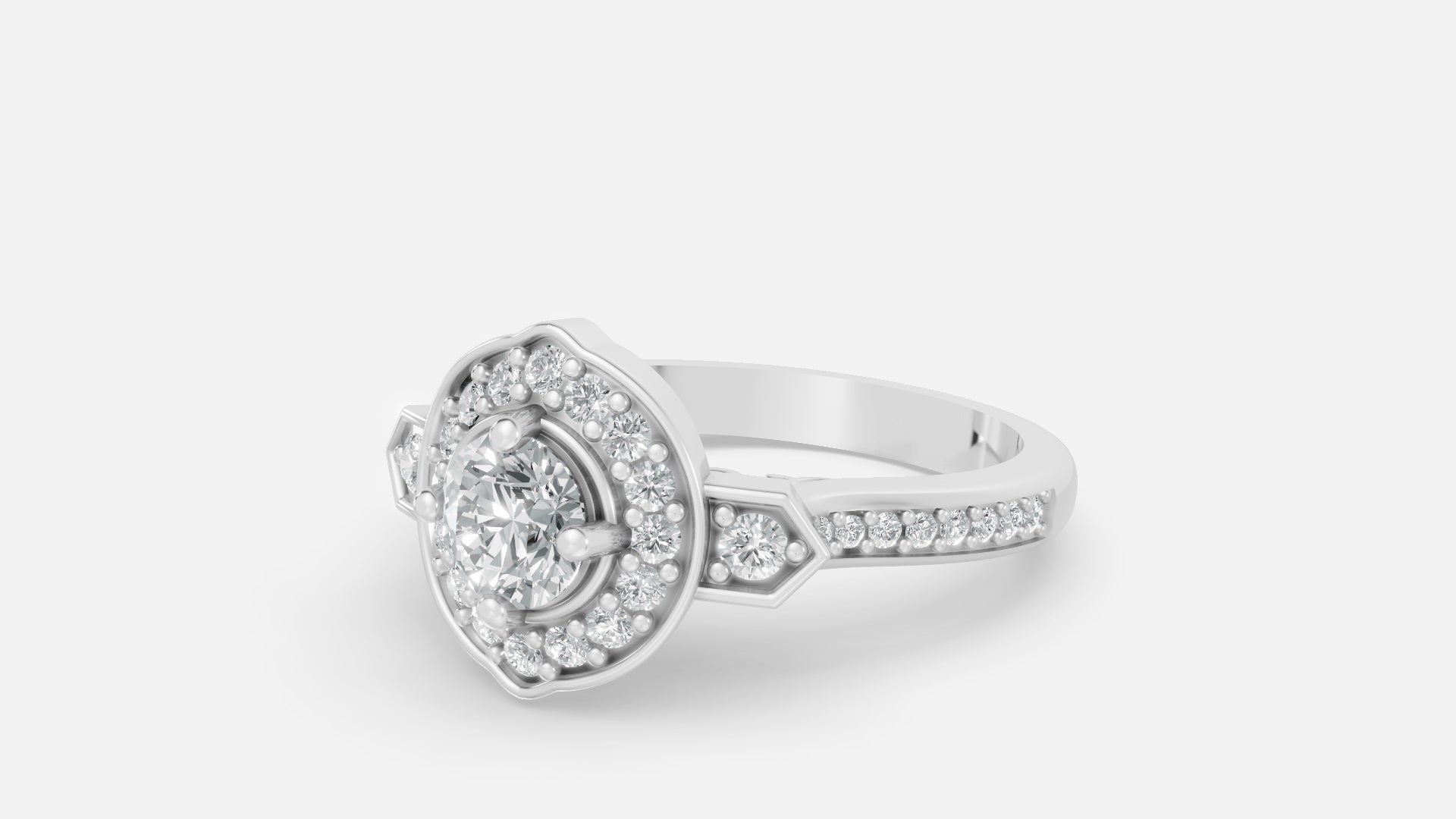 silver CVD diamond engagement ring side angle view