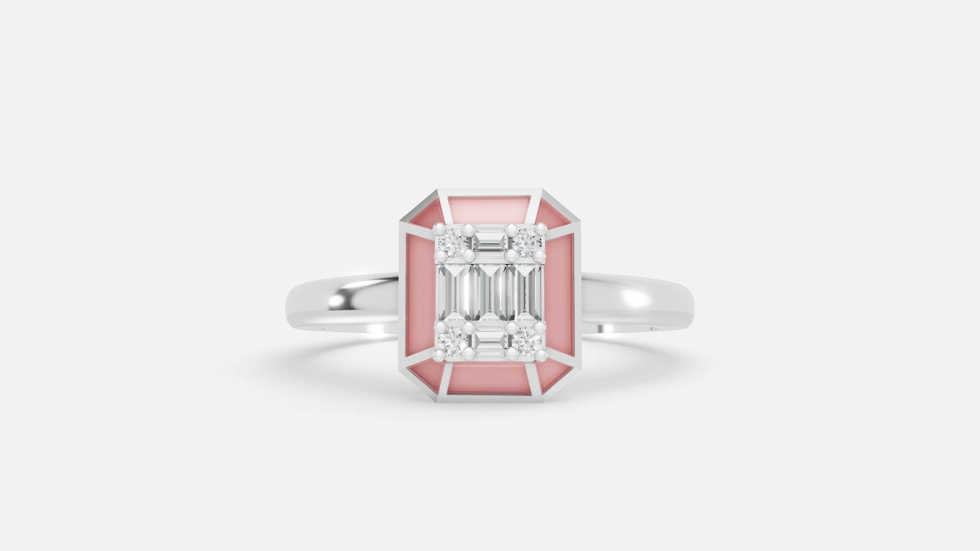 925 Silver Hexagon Enamel Baguette Lab Grown Diamond Ring Front View