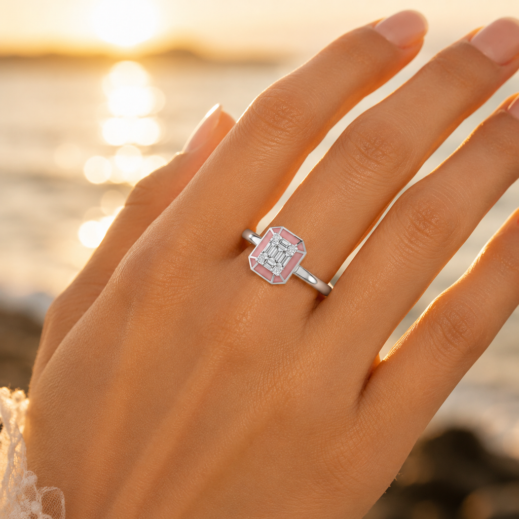 925 Silver Hexagon Enamel Baguette Lab Grown Diamond Ring Lifestyle View