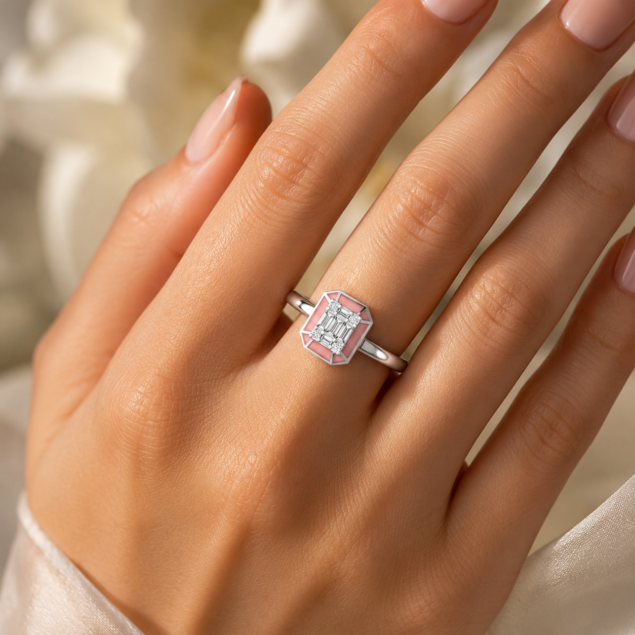 925 Silver Hexagon Enamel Baguette Lab Grown Diamond Ring on hand
