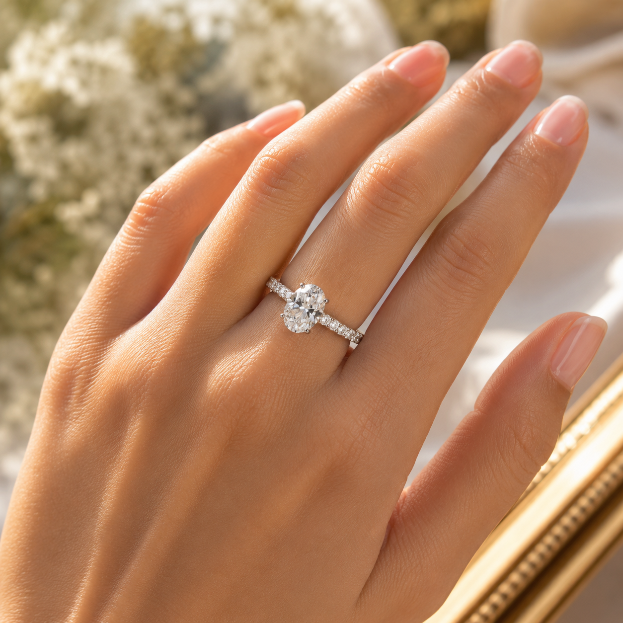 925 Silver Oval CVD Diamond Engagement Ring VVS