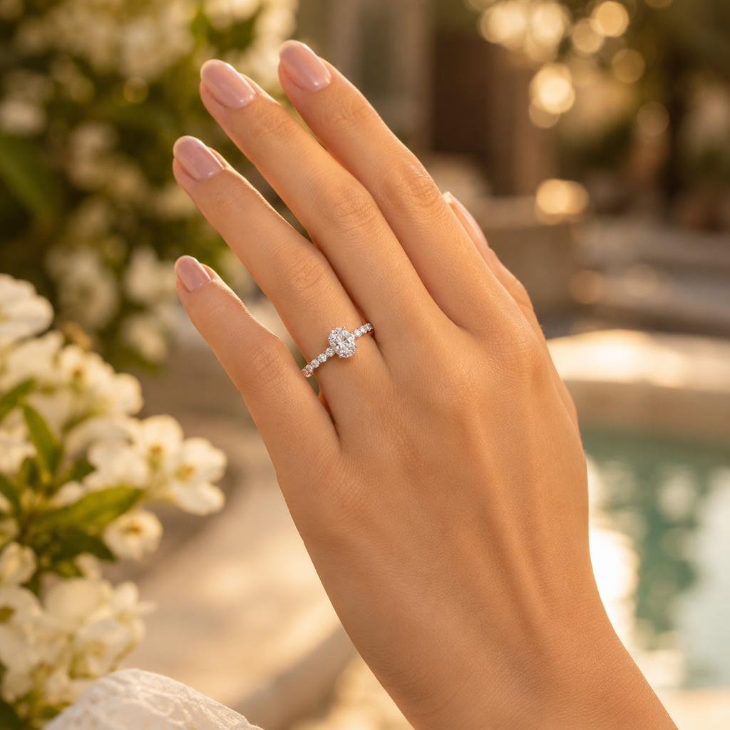 925 Silver Oval CVD Diamond Engagement Ring VVS