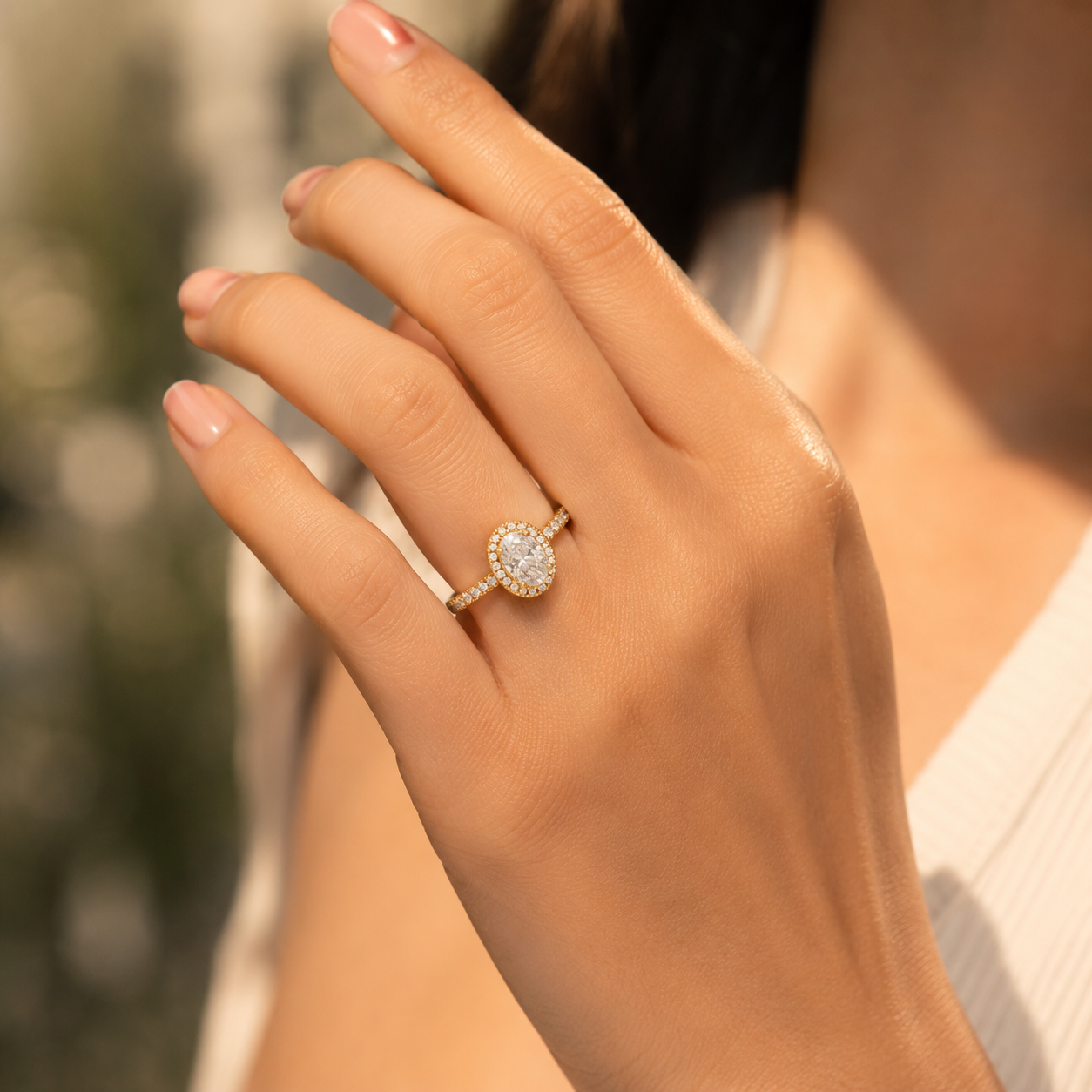 18K Gold Oval Halo Diamond Ring VVS CVD Elegant Design