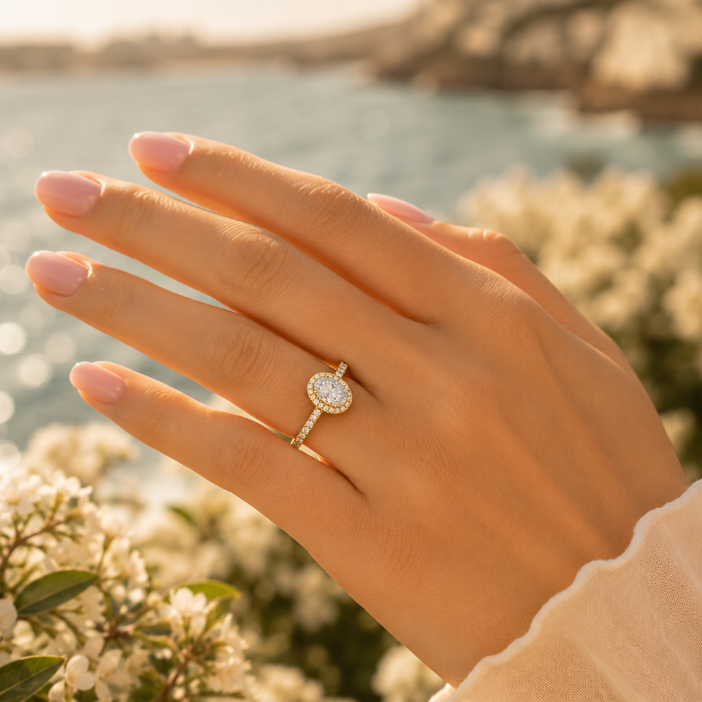 18K Gold Oval Halo Diamond Ring VVS CVD Elegant Design