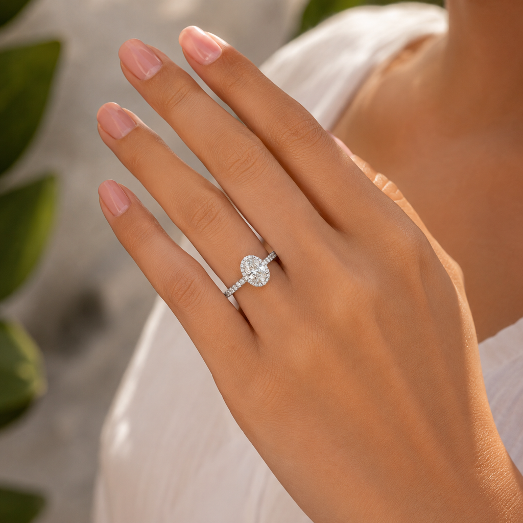 Sterling Silver Oval Halo Diamond Ring VVS CVD Modern Style