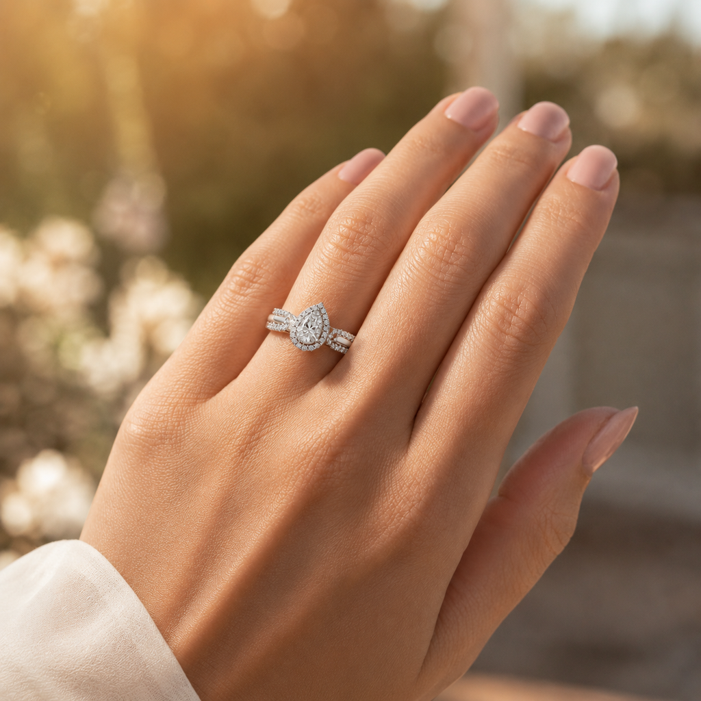 925 Silver Pear Shape CVD Diamond Halo Split Shank Ring