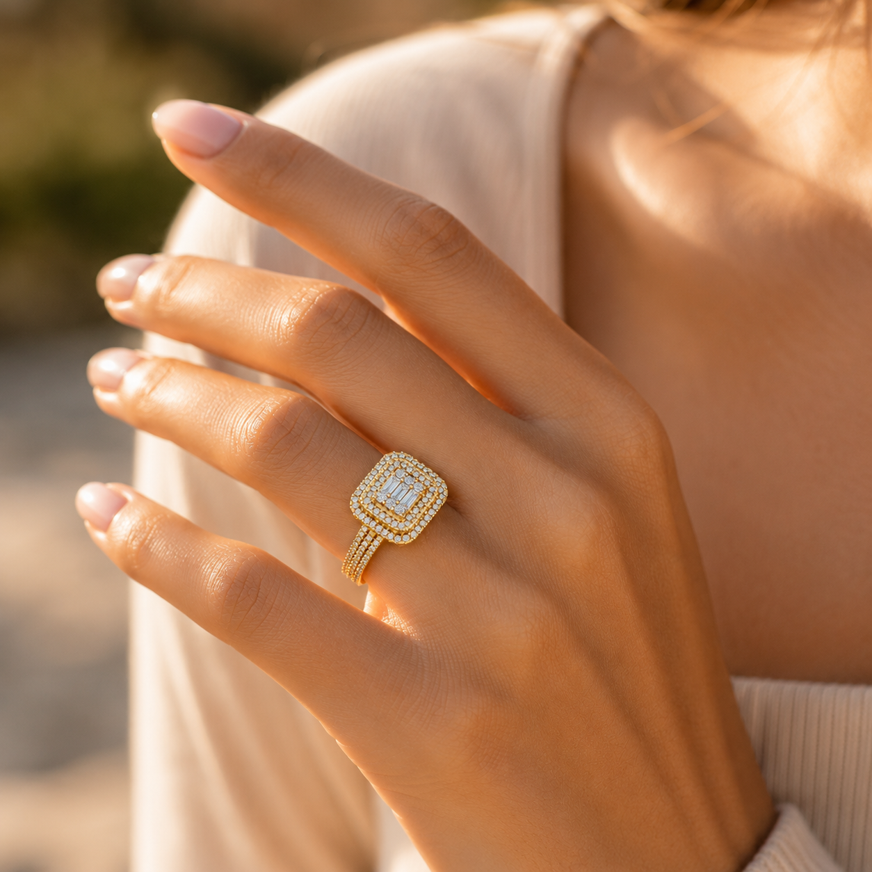 18K Gold Halo CVD Diamond Ring – VVS Clarity, Luxury Design