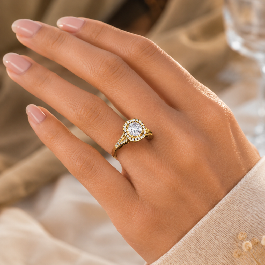 18K Gold Cushion Halo Diamond Ring – Split Shank Luxury Ring