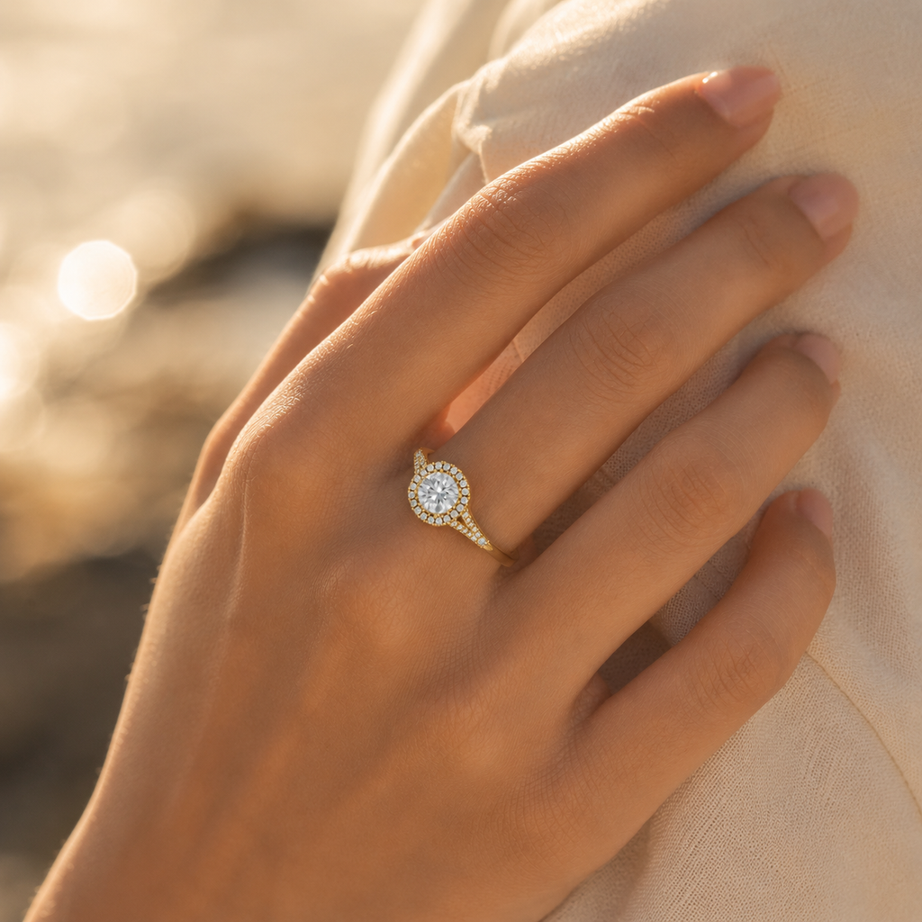 18K Gold Cushion Halo Diamond Ring – Split Shank Luxury Ring