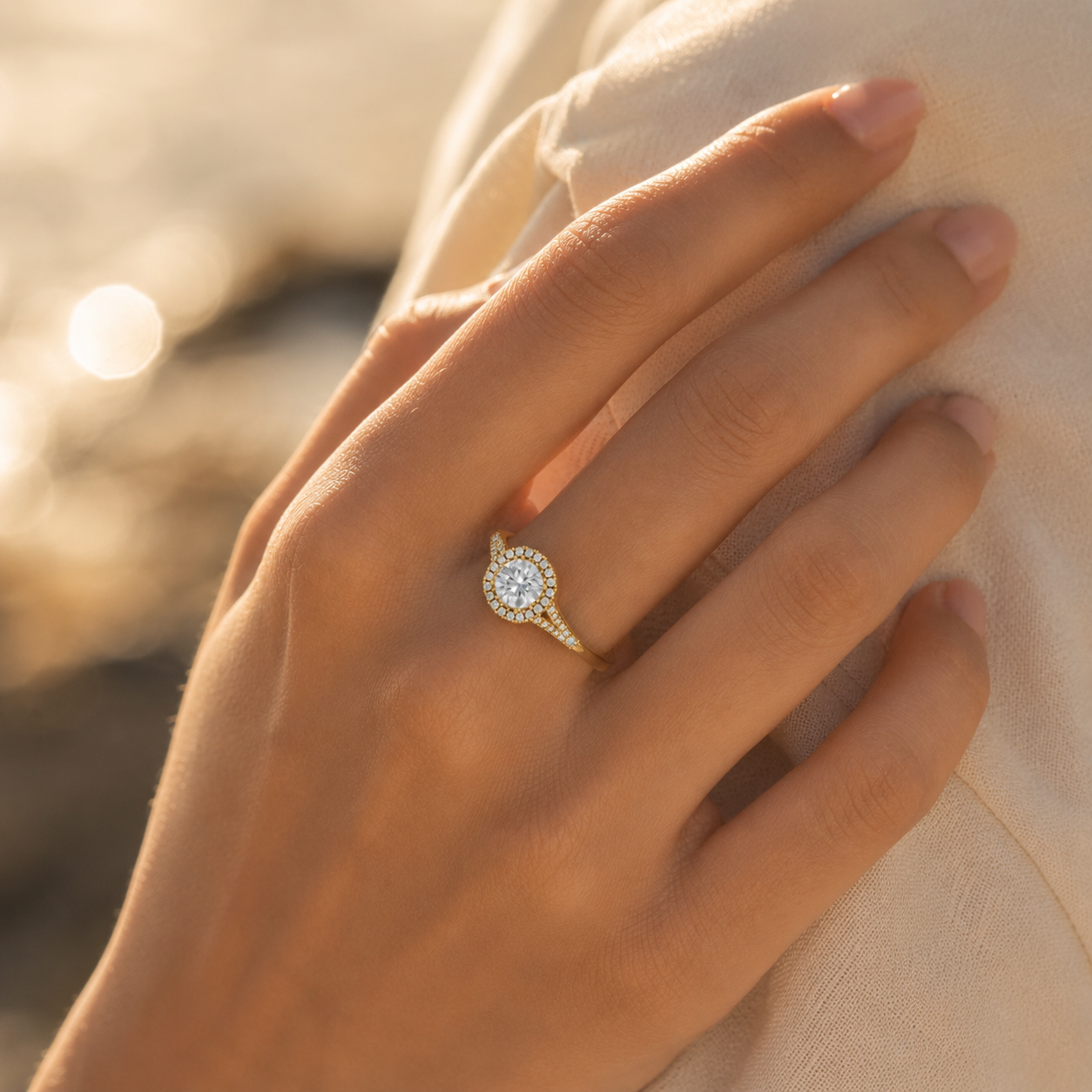 18K Gold Cushion Halo Diamond Ring – Split Shank Luxury Ring