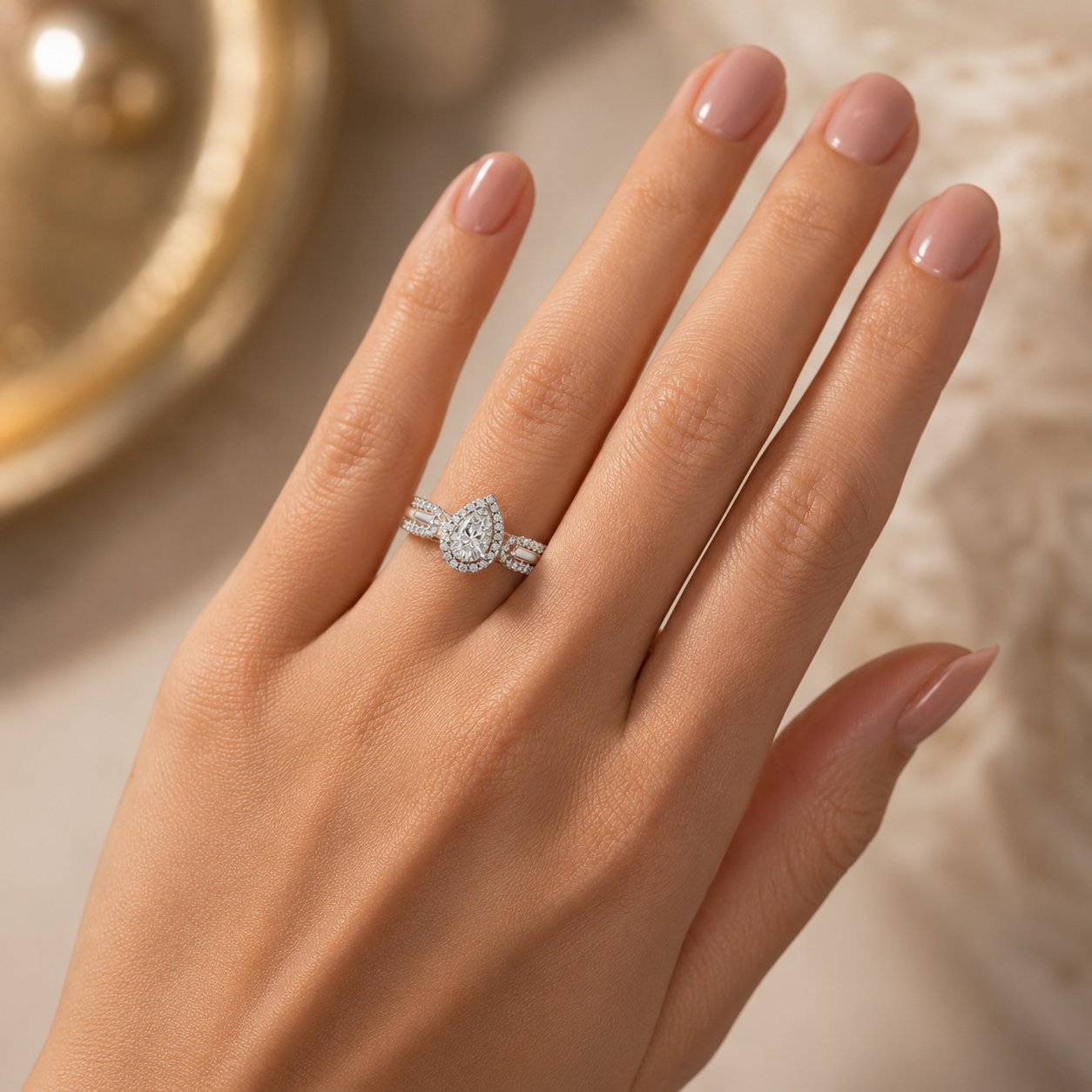 925 Silver Pear Shape CVD Diamond Halo Split Shank Ring
