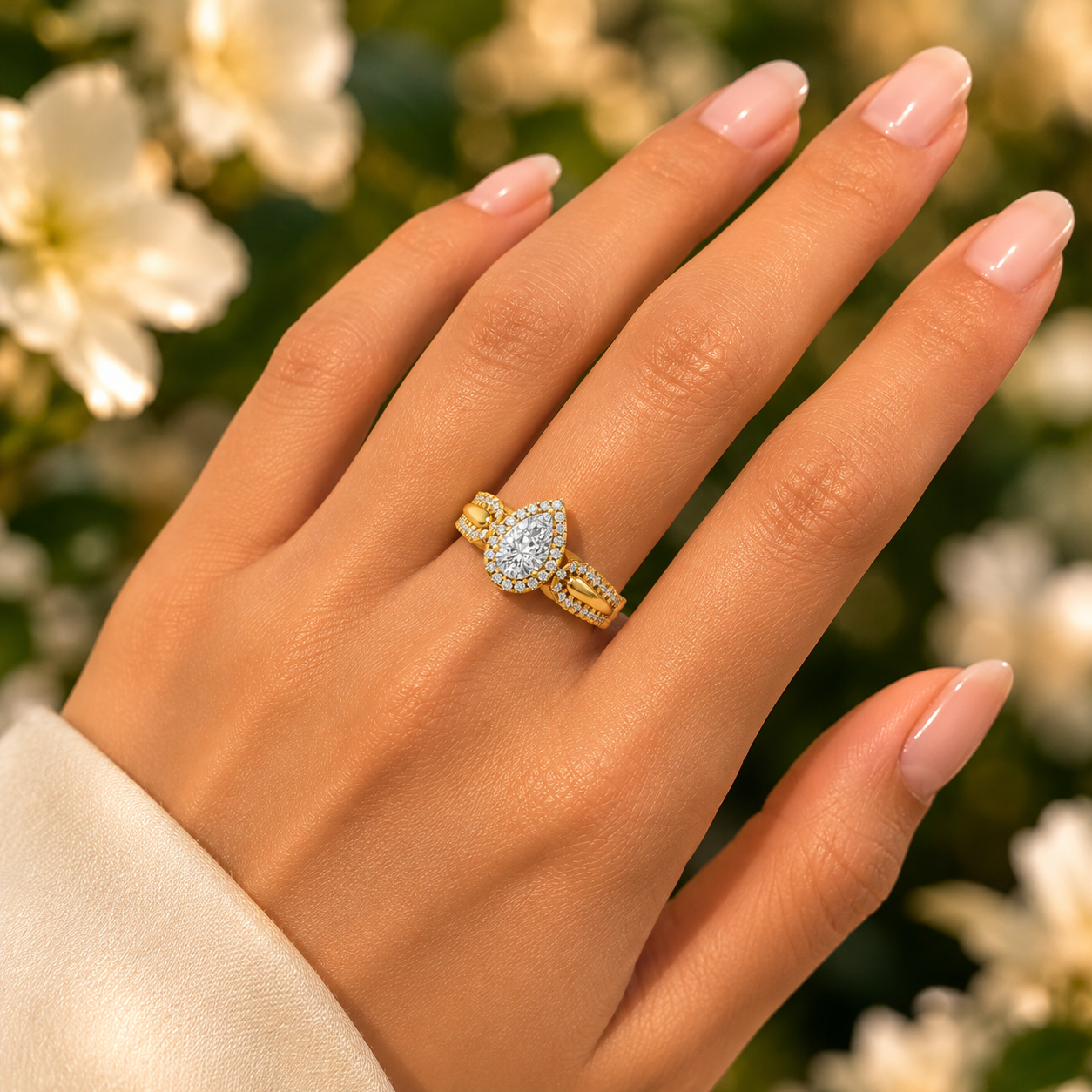 18K Gold Pear Shape CVD Diamond Halo Split Shank Ring