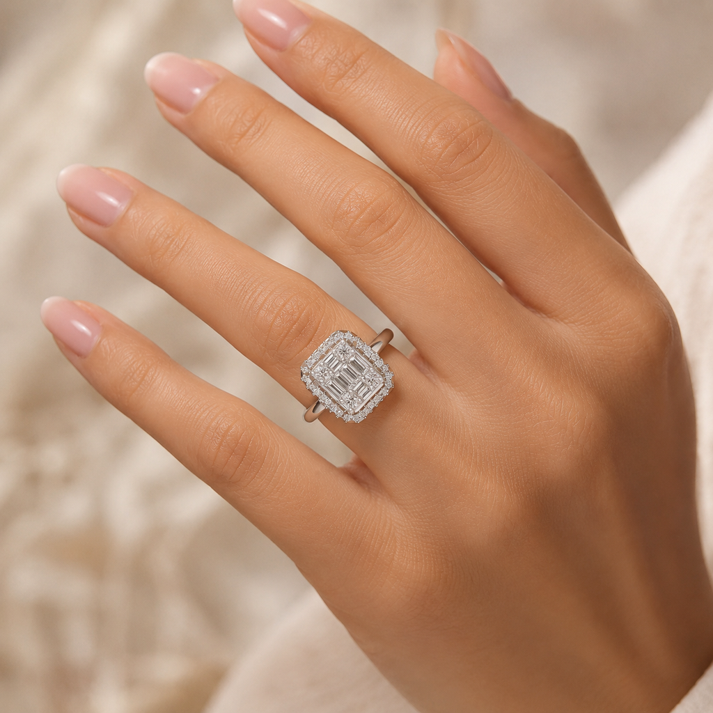 Silver Halo CVD Diamond Ring VVS EF | Elegant Statement Ring