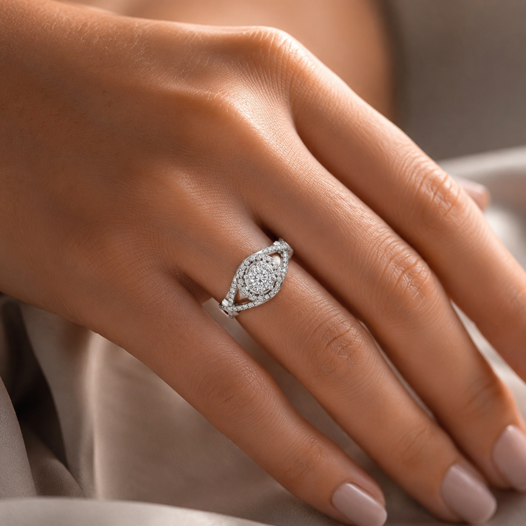 925 SILVER Halo Split Shank CVD Diamond Ring VVS (0.61 Ct)