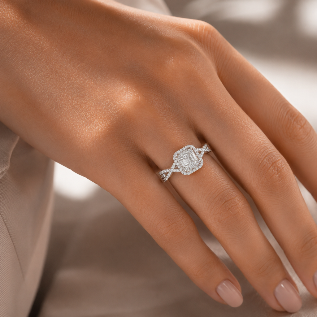 925 Silver CVD Diamond Halo Split Shank Ring (0.62 Ct)