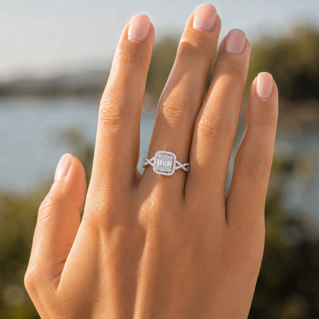 925 Silver CVD Diamond Halo Split Shank Ring (0.62 Ct)