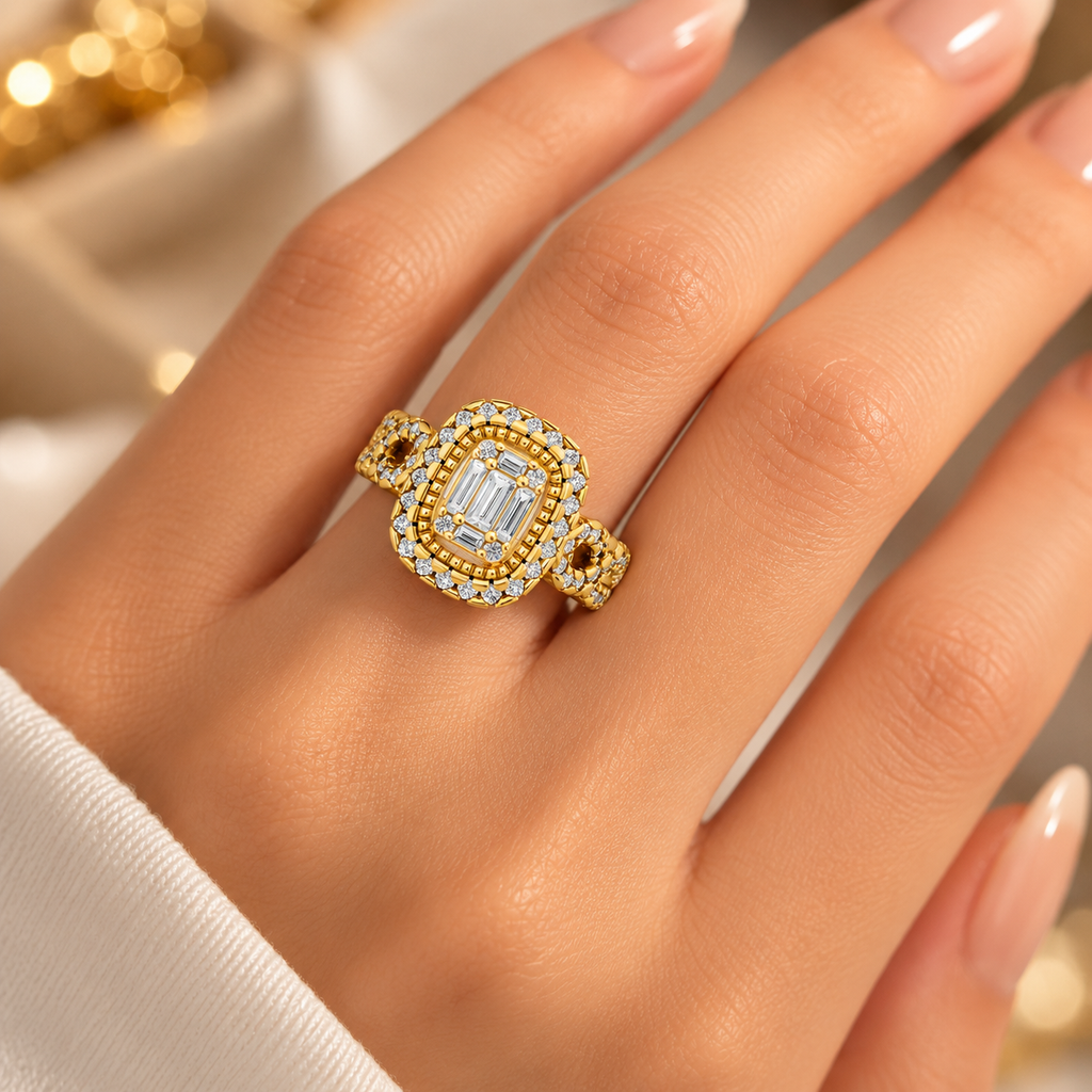 18K Gold Halo Split Shank Diamond Ring | VVS CVD Luxury Ring