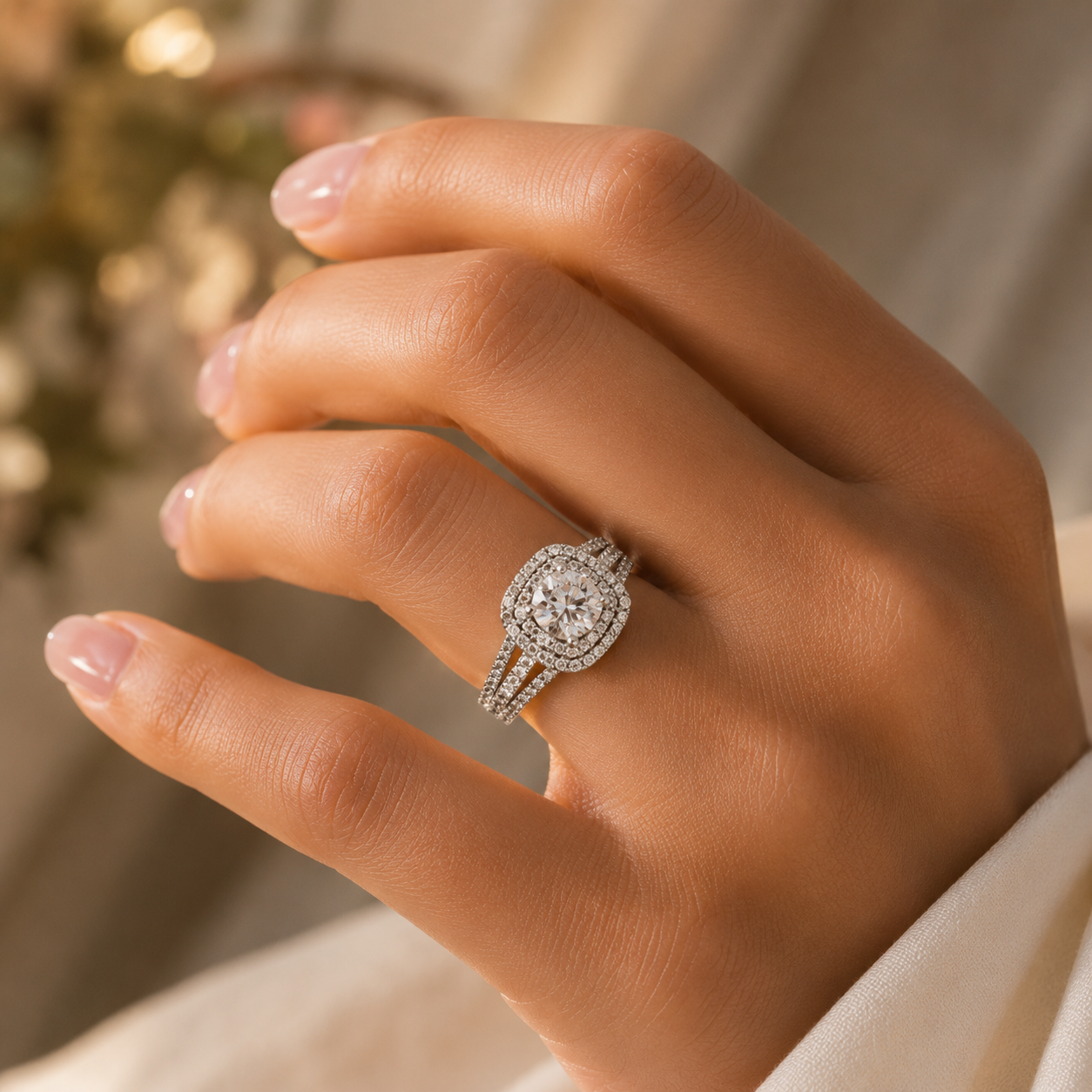 Silver Halo Split Shank Diamond Ring – VVS CVD Elegant Design