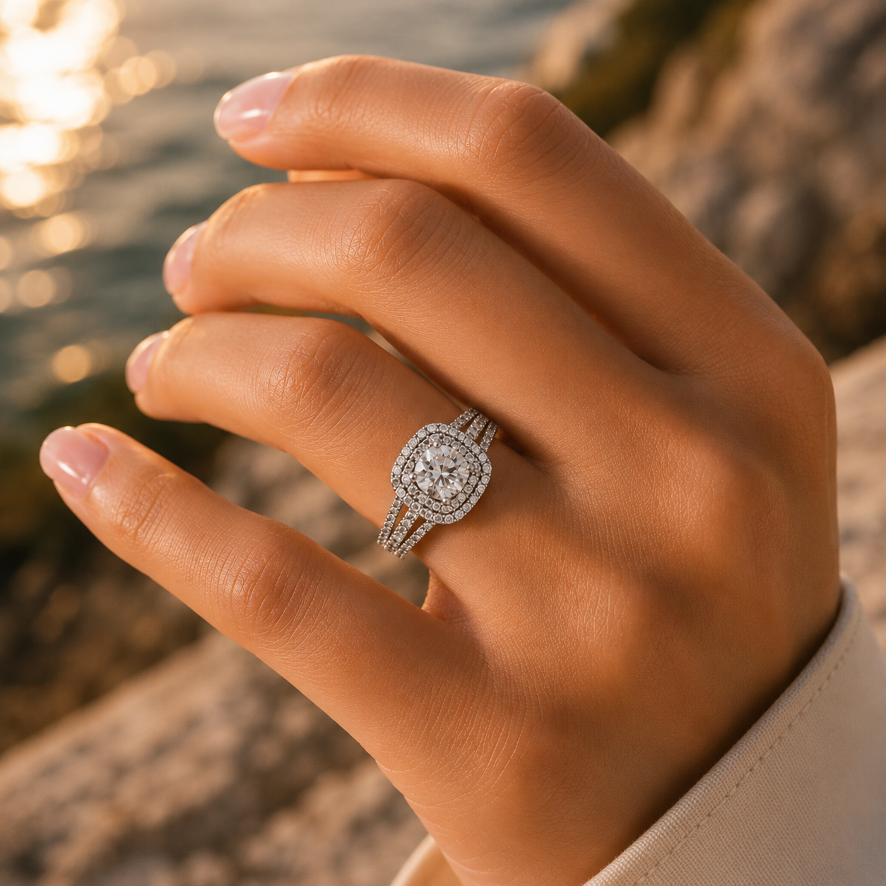 Silver Halo Split Shank Diamond Ring – VVS CVD Elegant Design