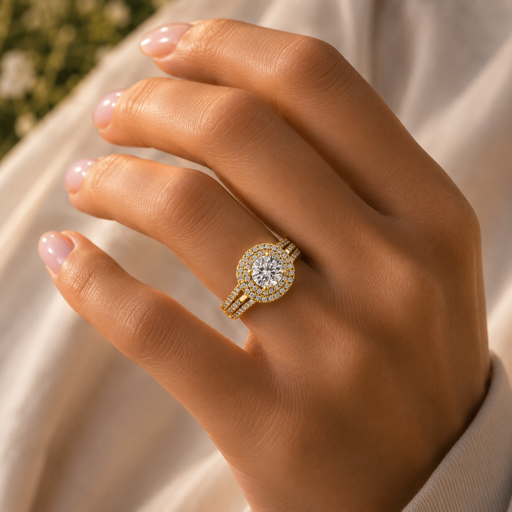 18K Gold Halo Split Shank Diamond Ring – VVS CVD Luxury