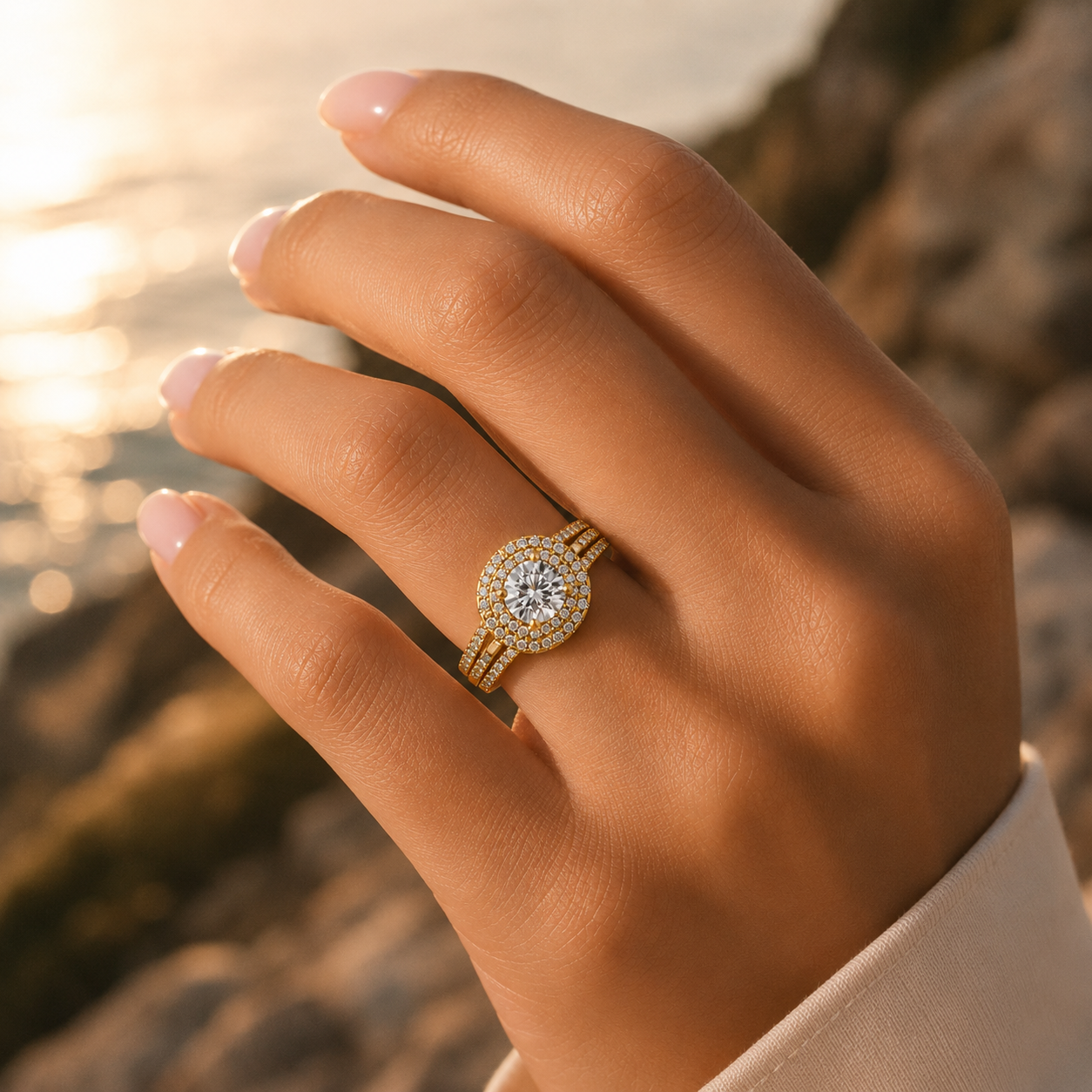 18K Gold Halo Split Shank Diamond Ring – VVS CVD Luxury