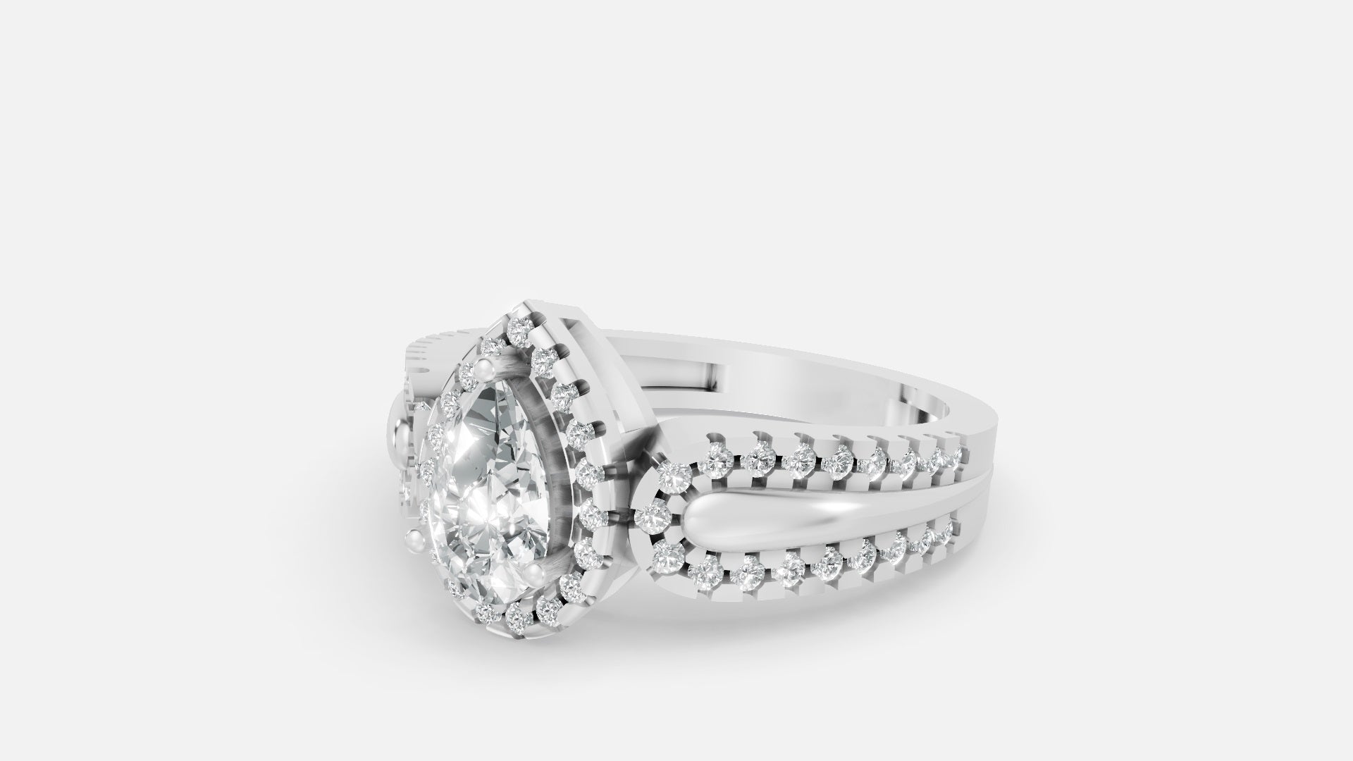 925 Silver Pear Shape CVD Diamond Halo Split Shank Ring
