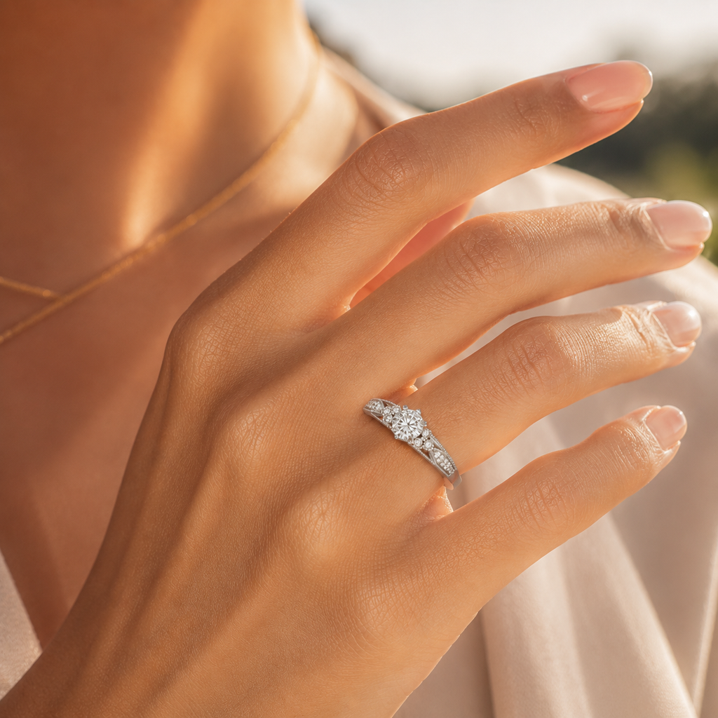 925 silver CVD diamond engagement ring on hand with luxury sparkle