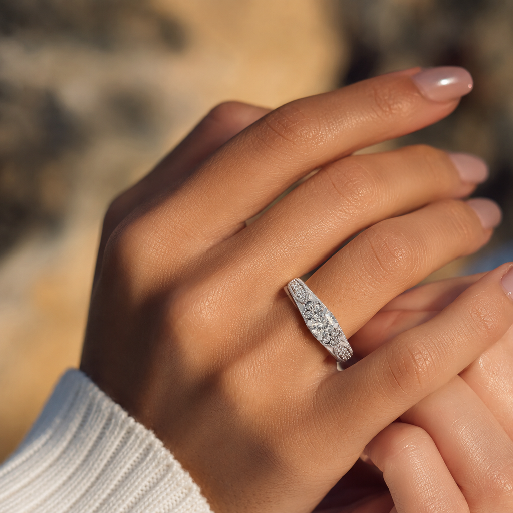 Silver CVD diamond engagement ring luxury lifestyle hand view
