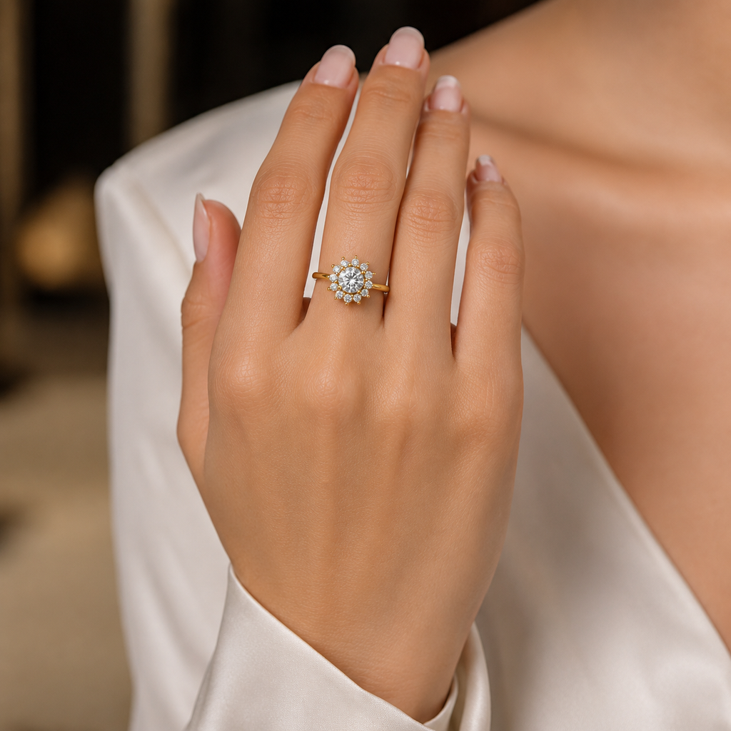 18K gold CVD diamond engagement ring 0.42ct VVS worn on hand with floral diamond sparkle
