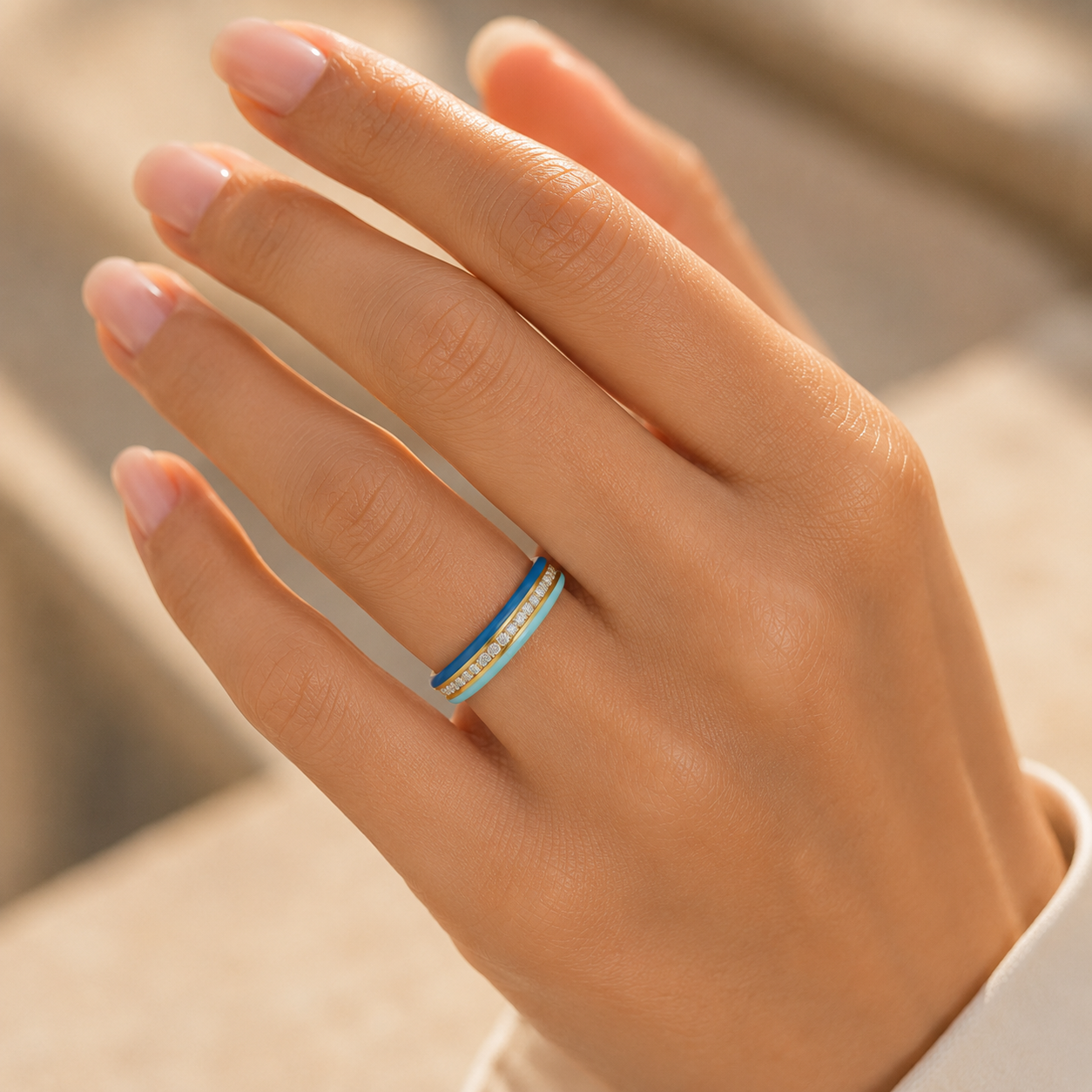 18K gold CVD diamond enamel ring VVS EF clarity worn on hand with sparkling diamond row