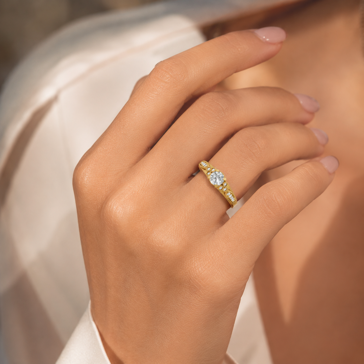 Woman wearing 18K gold CVD diamond engagement ring with VVS diamonds