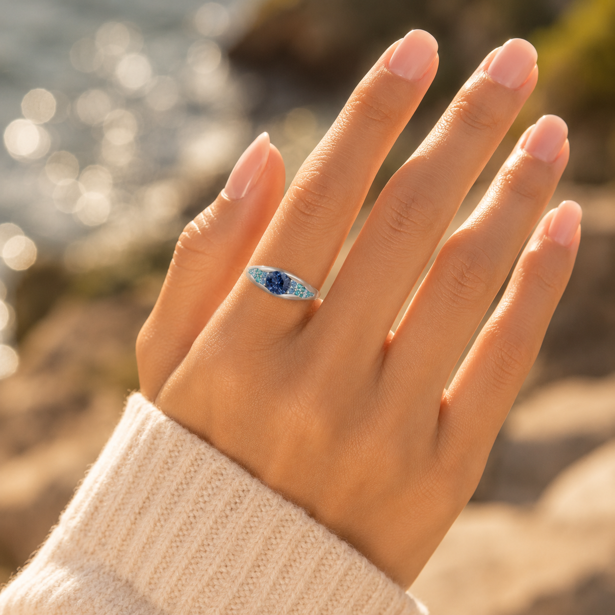 925 silver CVD diamond engagement ring VVS sparkle 0.014CT closeup hand shot with blue gemstone
