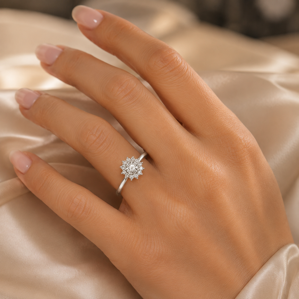 Silver CVD diamond engagement ring 0.42ct VVS elegant worn on hand with sparkling floral diamonds
