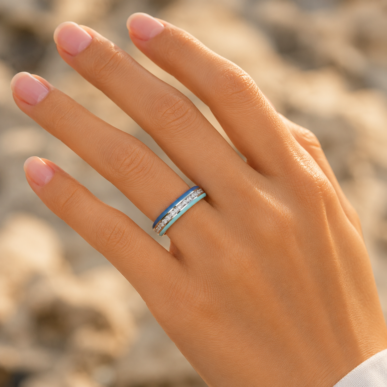 925 silver CVD diamond enamel ring VVS EF finish worn on hand with sparkling diamond line