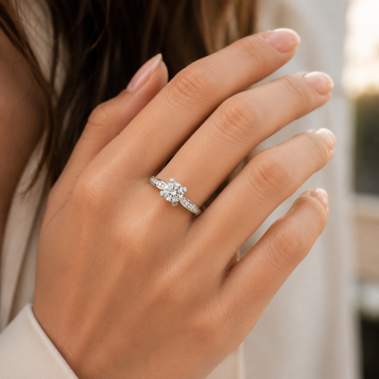 925 silver CVD diamond engagement ring VVS EF elegant worn on hand with brilliant solitaire diamond