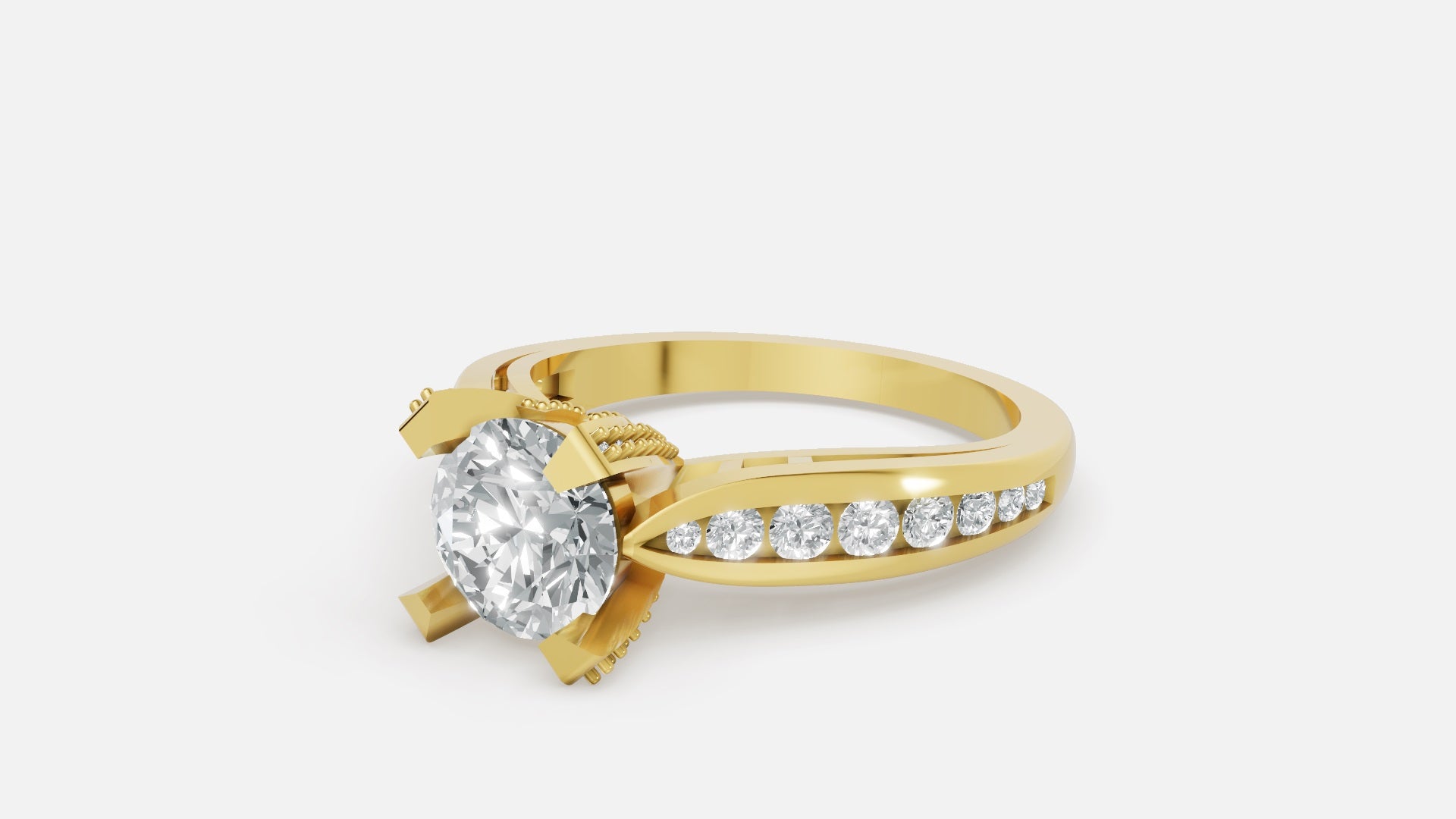 18K gold CVD diamond engagement ring VVS EF 6.5 US angled view with brilliant diamond band