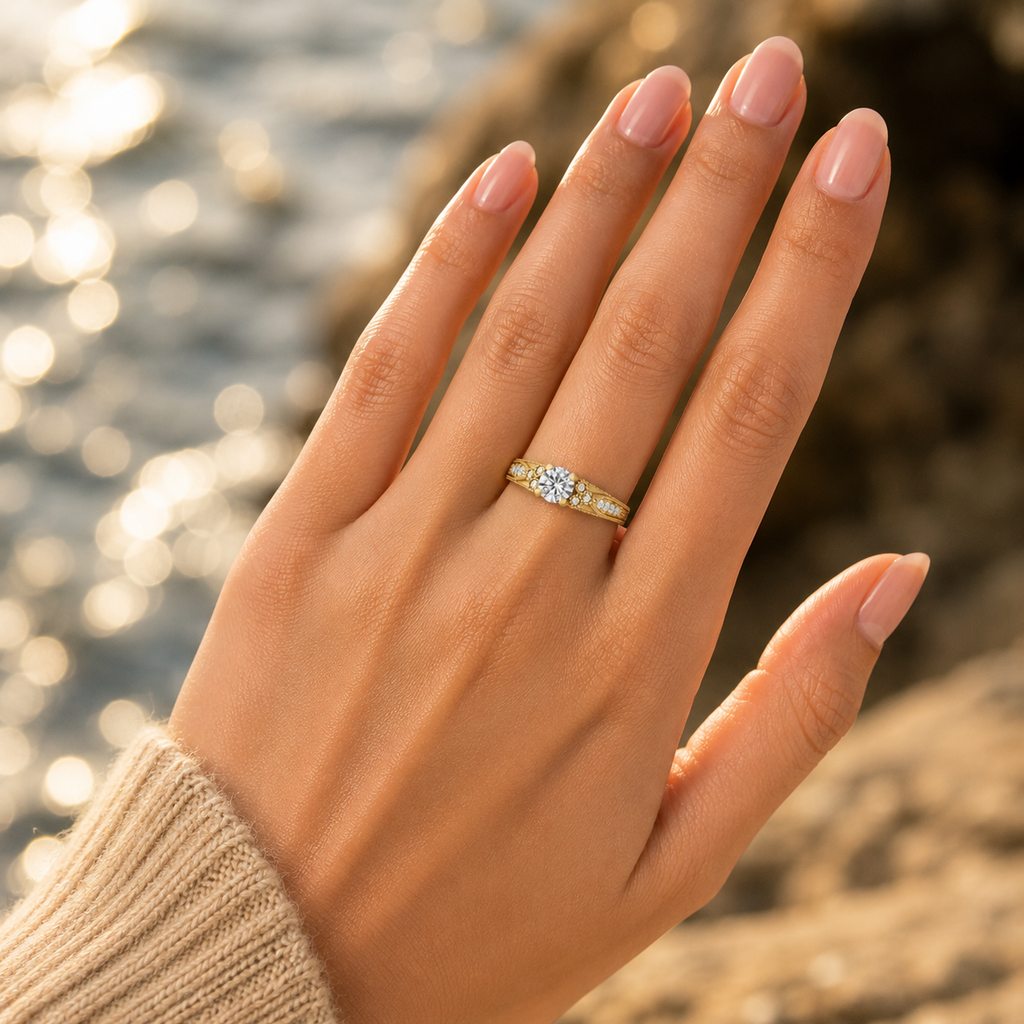 18K gold CVD diamond engagement ring luxury outdoor lifestyle view