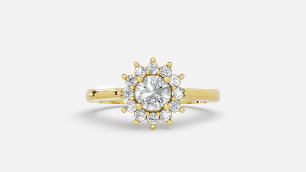 18K gold CVD diamond engagement ring 0.42ct VVS floral halo front view with brilliant diamonds