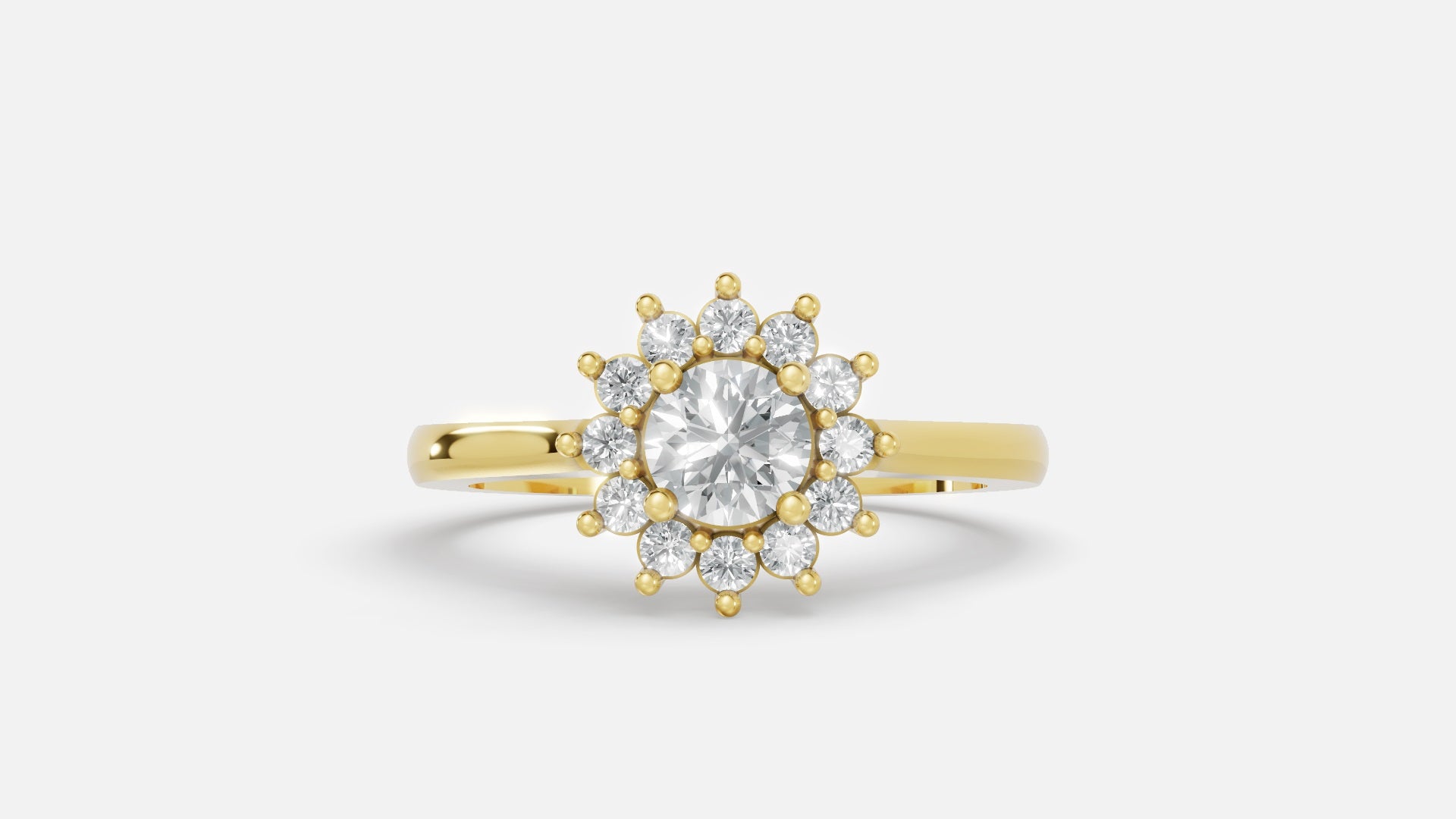 18K gold CVD diamond engagement ring 0.42ct VVS floral halo front view with brilliant diamonds