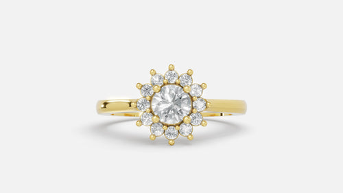 18K gold CVD diamond engagement ring 0.42ct VVS floral halo front view with brilliant diamonds