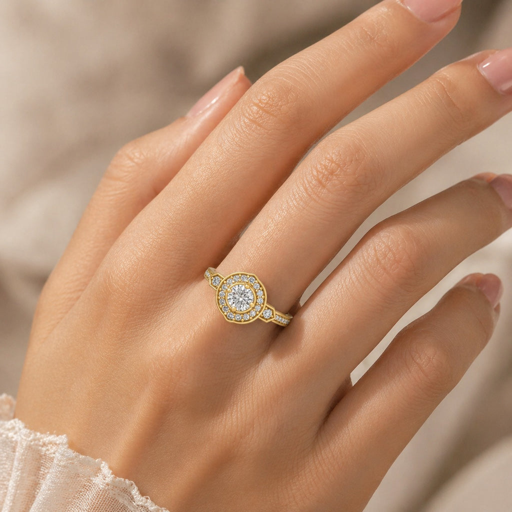 18K gold CVD diamond engagement ring 0.85ct VVS worn on hand closeup