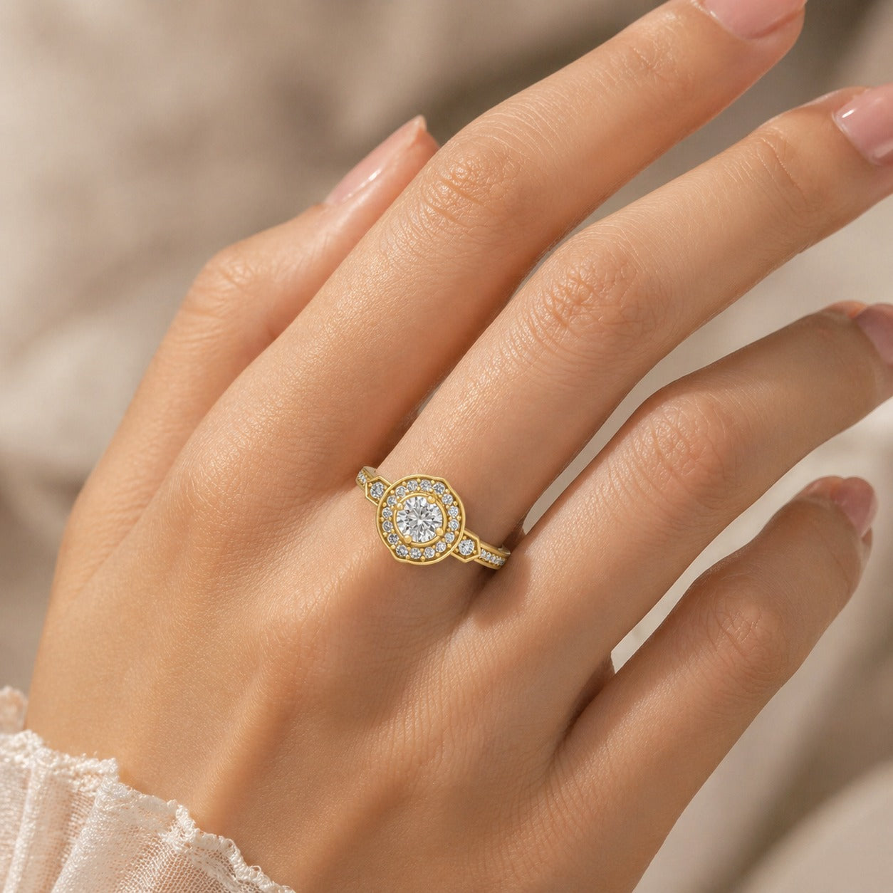 18K gold CVD diamond engagement ring 0.85ct VVS worn on hand closeup