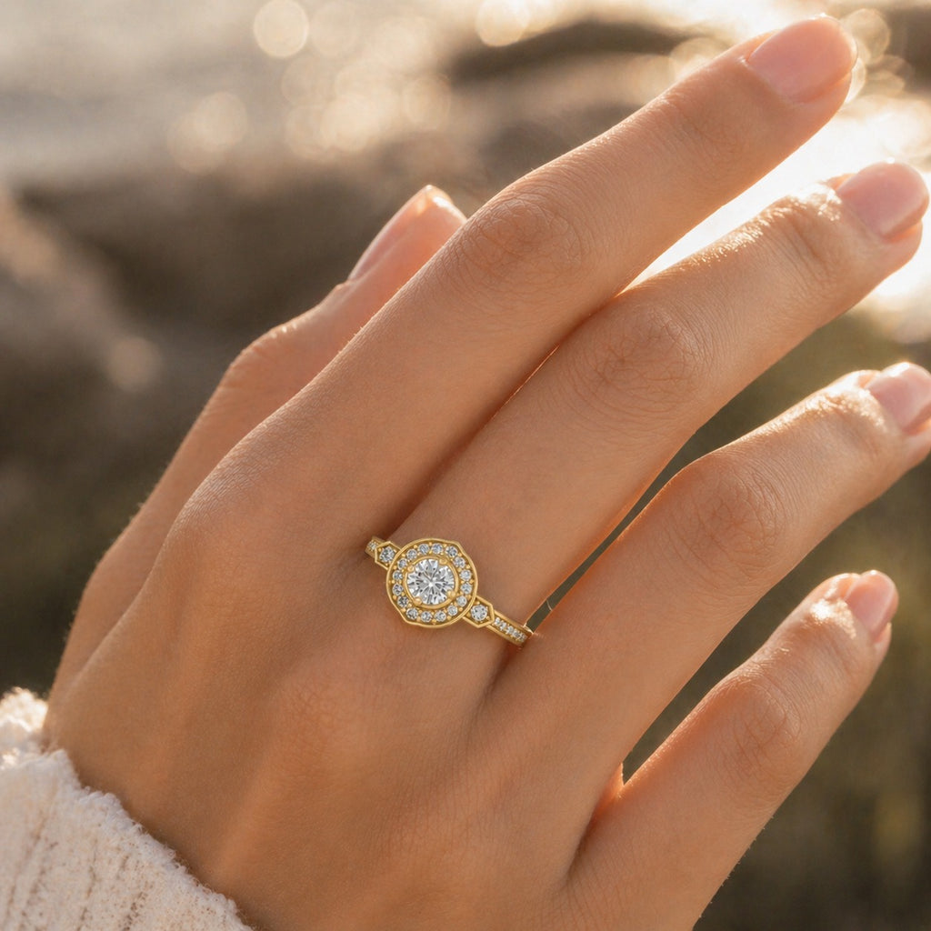 18K gold CVD diamond engagement ring 0.85ct VVS outdoor lifestyle hand shot
