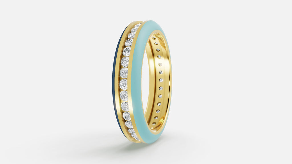 18K gold CVD diamond enamel ring VVS clarity luxury ring angled view with blue enamel band