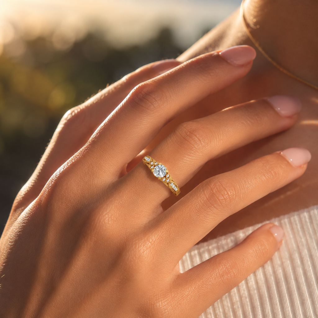 18K gold CVD diamond engagement ring VVS on hand lifestyle view